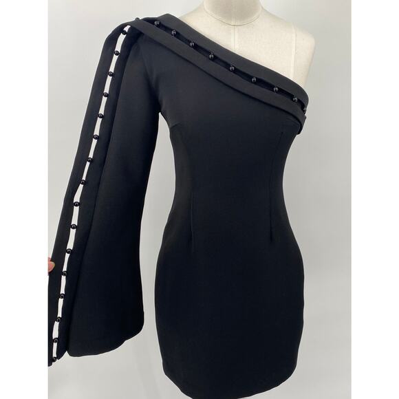 Keepsake the Label Mini Dress Beaded Trim One Shoulder Long Sleeve Black Small - Picture 3 of 10